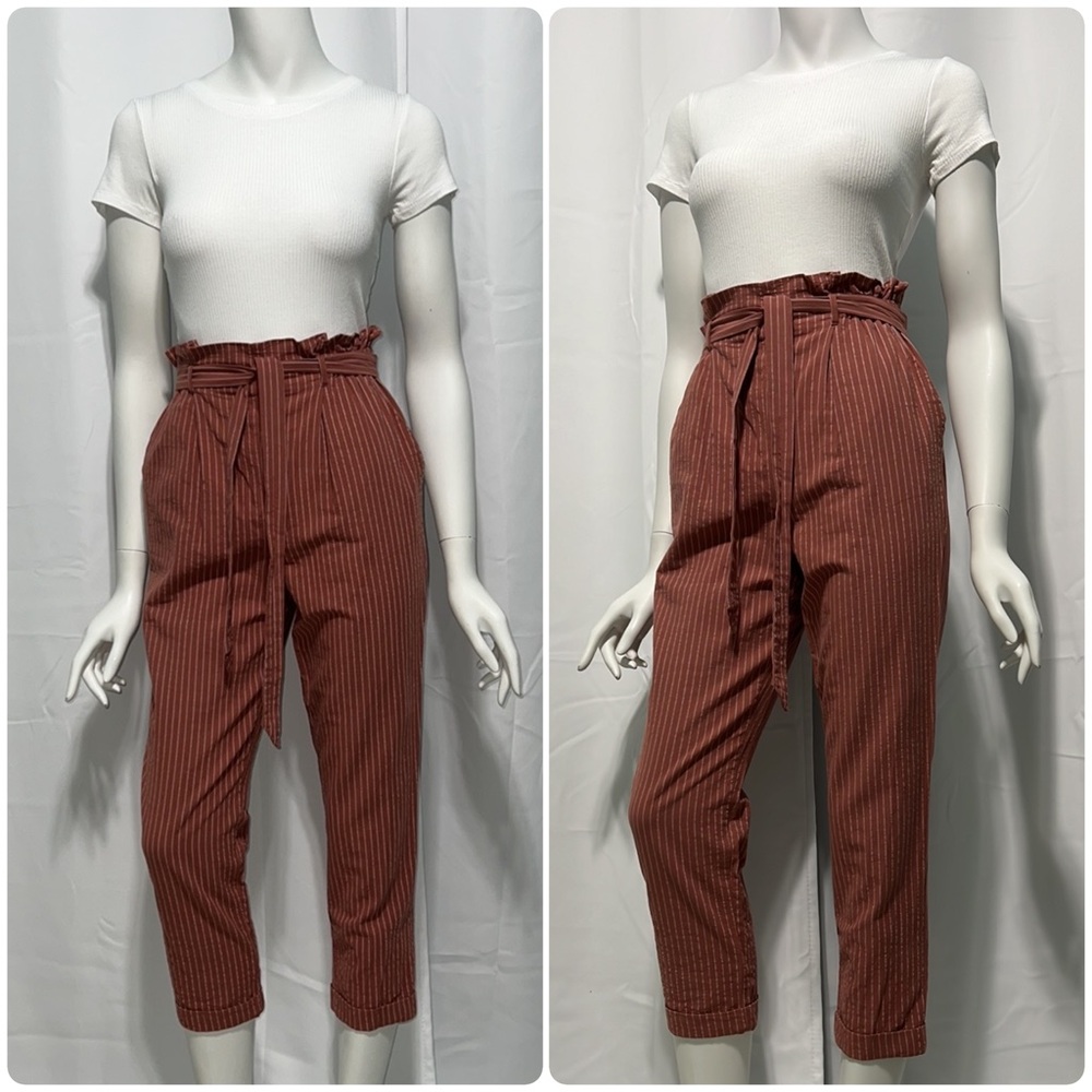Sienna Sky 100% Cotton Striped High Waist Paperbag Cuffed Ankle Pants Small